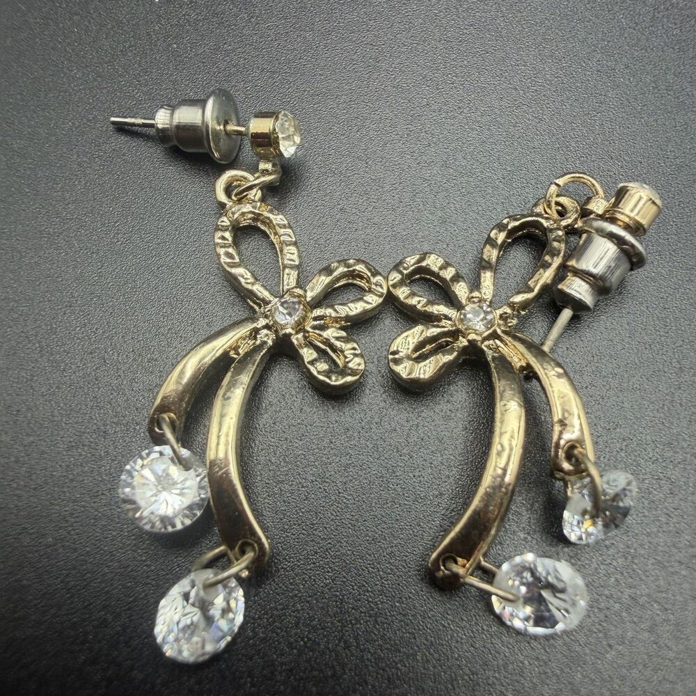Vintage Gold Ribbon Bow Dangle Drop Earrings Rhinestone Crystal Bridal Statement
